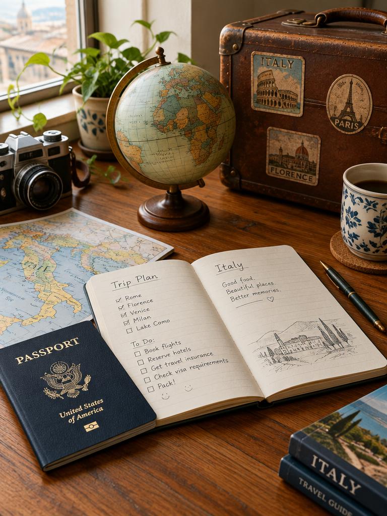 Trip-planning desk with a notebook, passport, map and suitcase, representative travel imagery