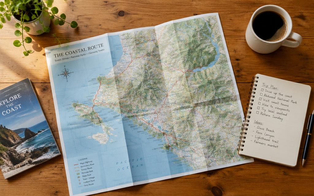 A folded paper map, notebook and coffee on a wooden table during trip planning