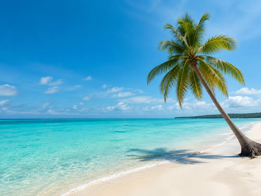 A quiet tropical beach with a palm tree, representative travel imagery