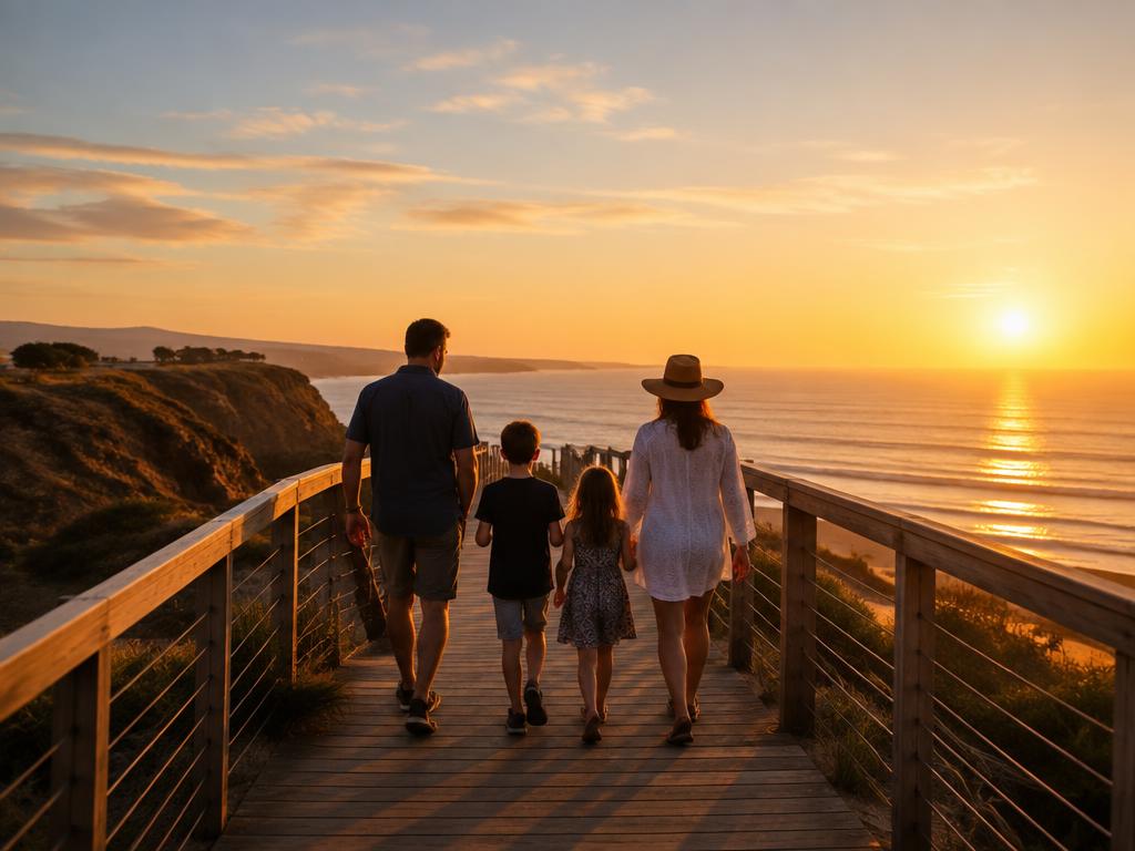 A family walking along a coastal boardwalk at sunset, representative travel imagery
