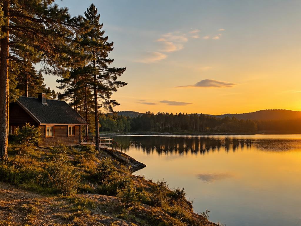A lakeside cabin at golden hour, representative travel imagery